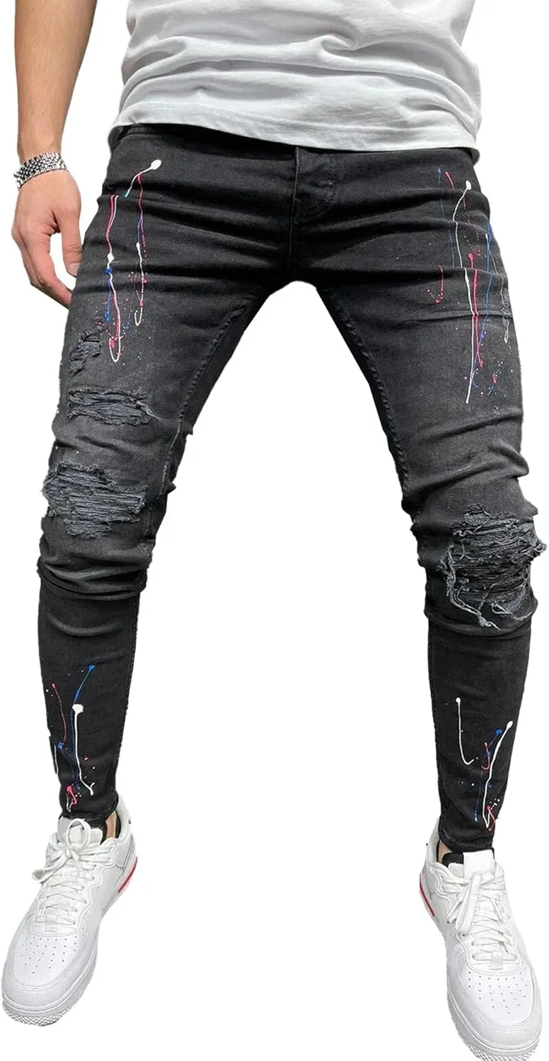 Maiyifu-GJ Ripped Skinny Jeans for Men Stretch Slim Fit Jeans Distressed Destroyed Straight Leg Denim Pants