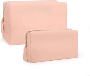 Makeup Bag for Women Girls, 2 Pieces Portable Cosmetic Bags Organizer Preppy Makeup Pouch PU Leather Waterproof Travel Toiletry Bag for Mom Daughter friend Wife