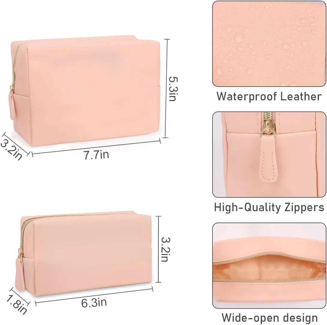 Makeup Bag for Women Girls, 2 Pieces Portable Cosmetic Bags Organizer Preppy Makeup Pouch PU Leather Waterproof Travel Toiletry Bag for Mom Daughter friend Wife