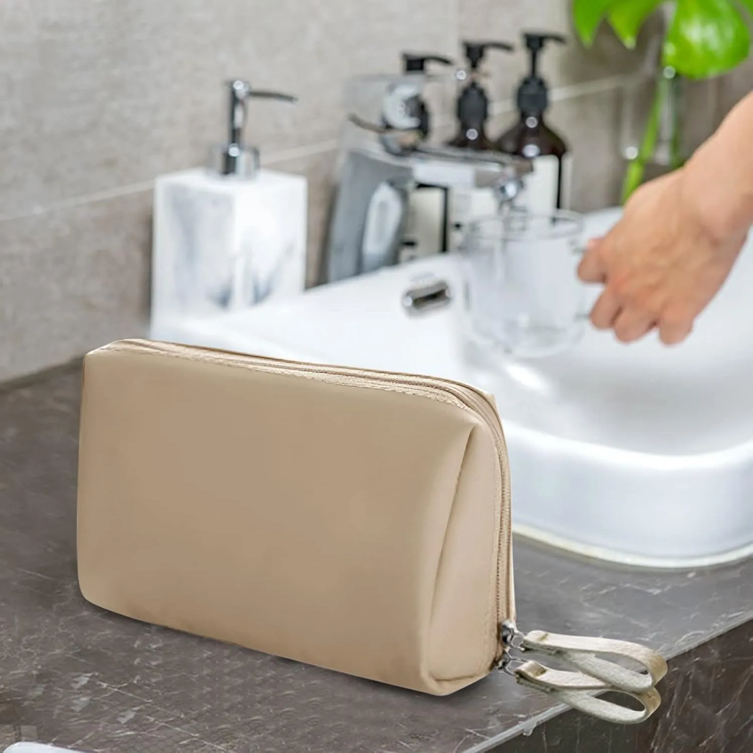 Makeup Bags for Women with Zipper 6.6*4.3 Inch Pu Leather Waterproof Portable Pouch Open Flat Hanging Toiletry Bag for Women Cosmetic Bag for Purse for Women Wife Girlfriend Valentines Day Gifts