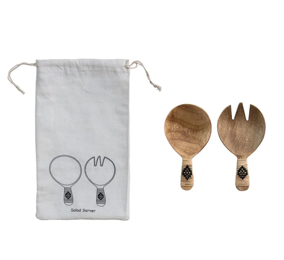 Mango Wood Salad Servers w/ Bamboo Wrapped Handles