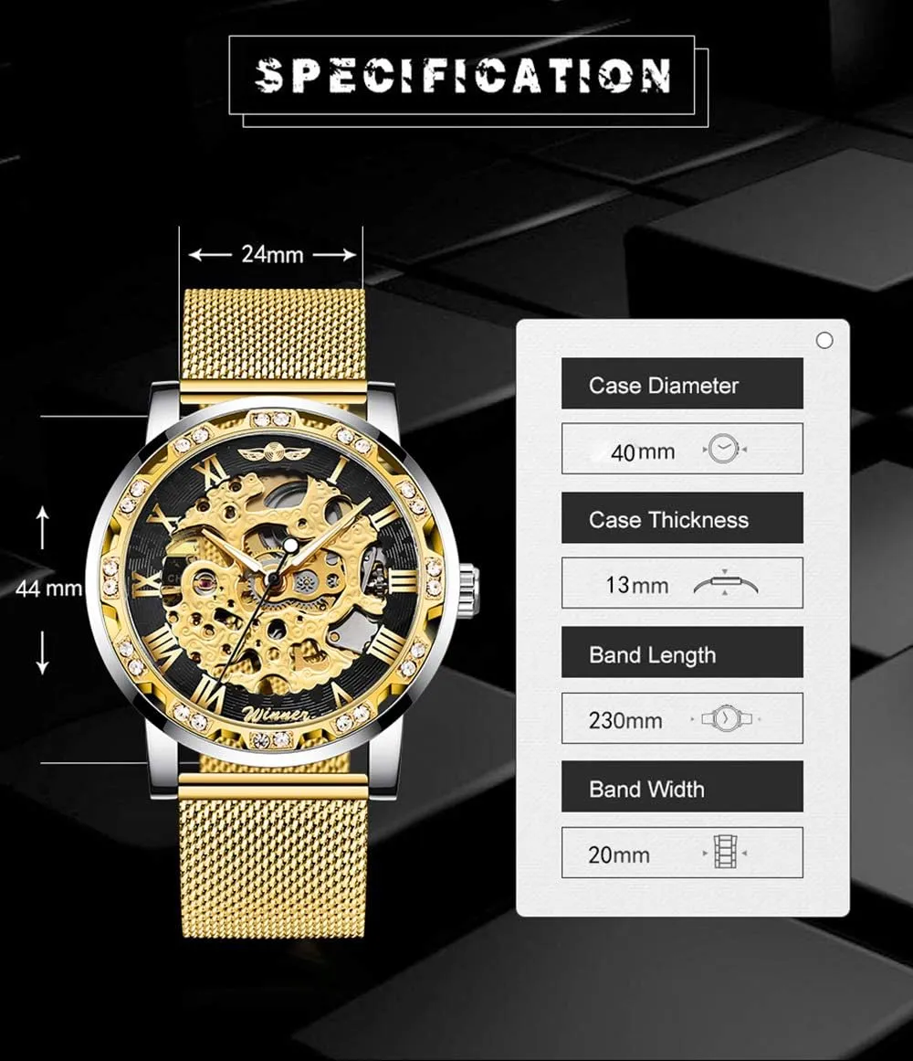 MASTOP Fashion Business Mechanical Mens Watches Luxury Skeleton Dial Crystal Steel Mesh Band Wristwatch