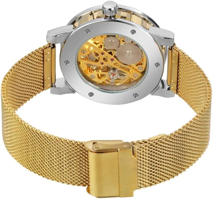 MASTOP Fashion Business Mechanical Mens Watches Luxury Skeleton Dial Crystal Steel Mesh Band Wristwatch