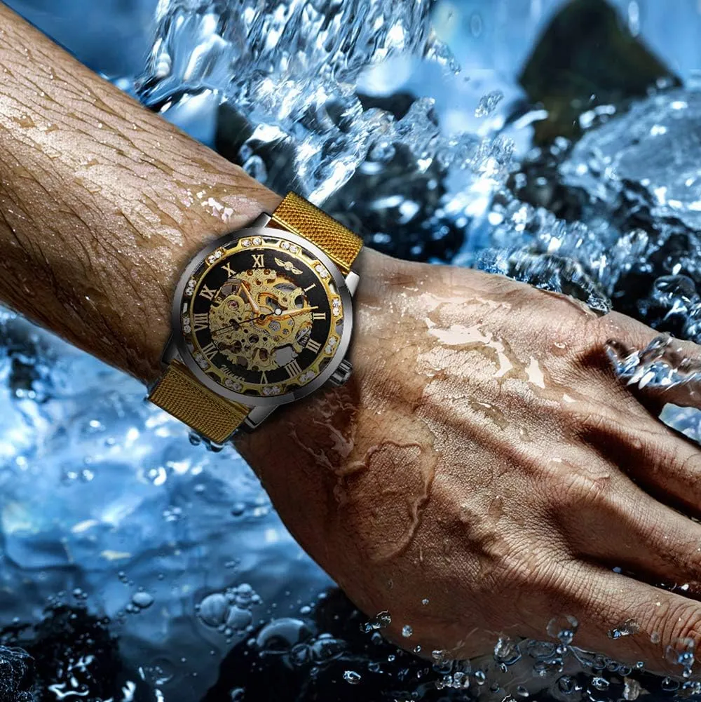 MASTOP Fashion Business Mechanical Mens Watches Luxury Skeleton Dial Crystal Steel Mesh Band Wristwatch