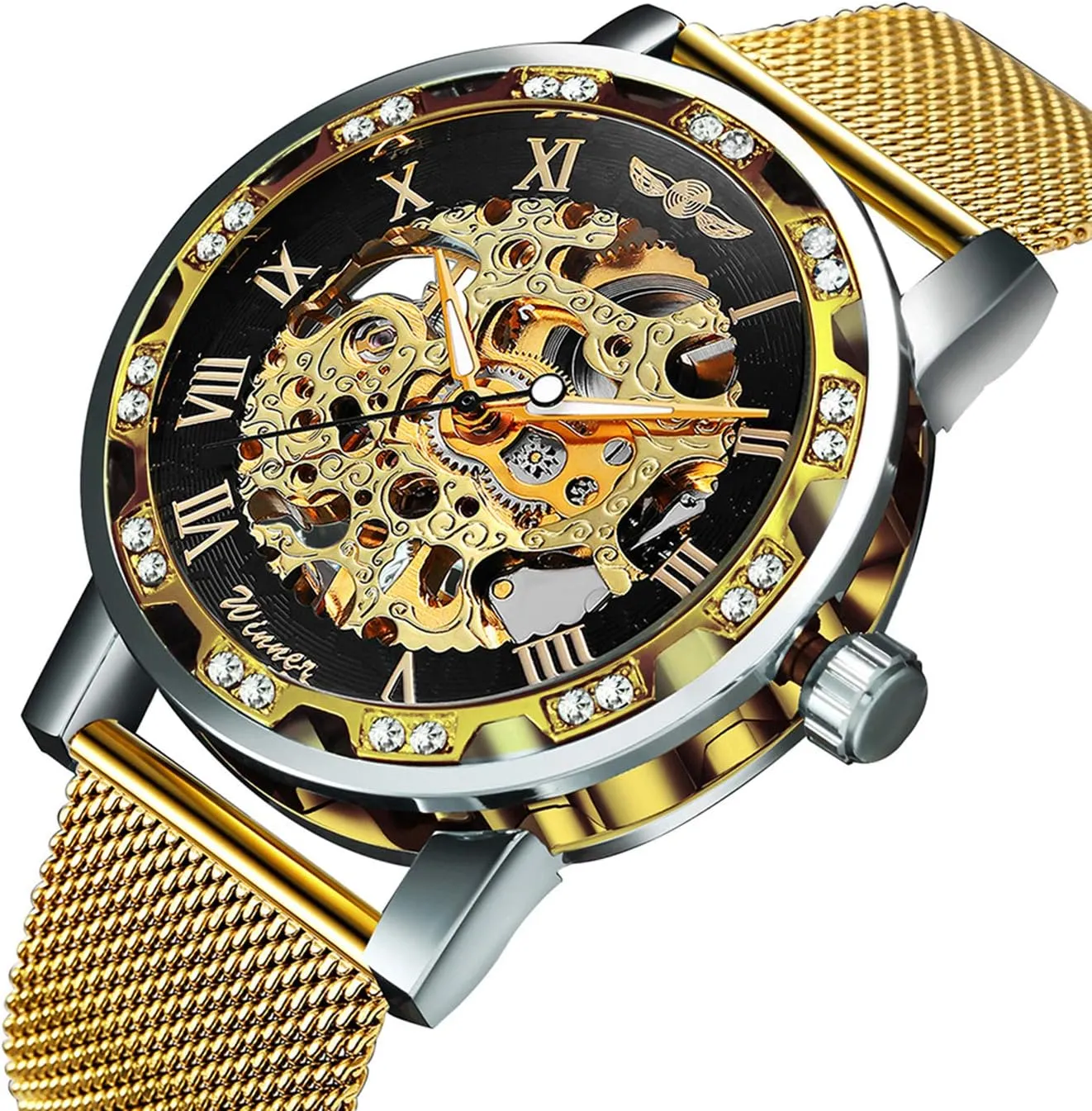 MASTOP Fashion Business Mechanical Mens Watches Luxury Skeleton Dial Crystal Steel Mesh Band Wristwatch