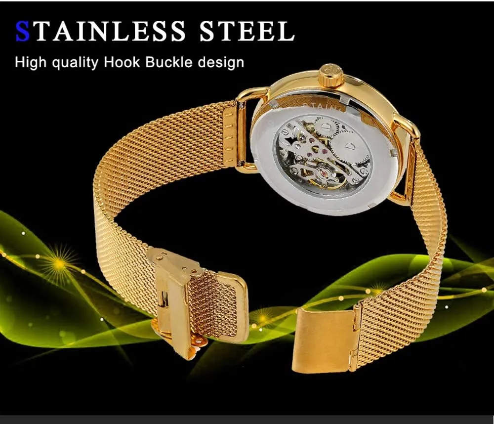 MASTOP Fashion Business Mechanical Mens Watches Luxury Skeleton Dial Crystal Steel Mesh Band Wristwatch