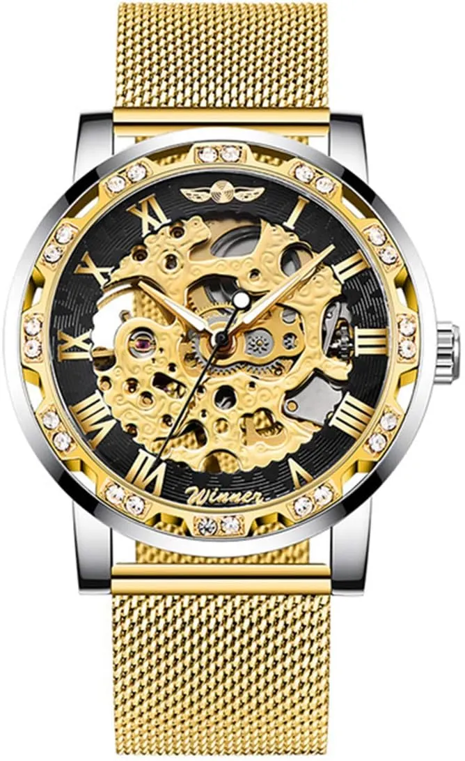 MASTOP Fashion Business Mechanical Mens Watches Luxury Skeleton Dial Crystal Steel Mesh Band Wristwatch