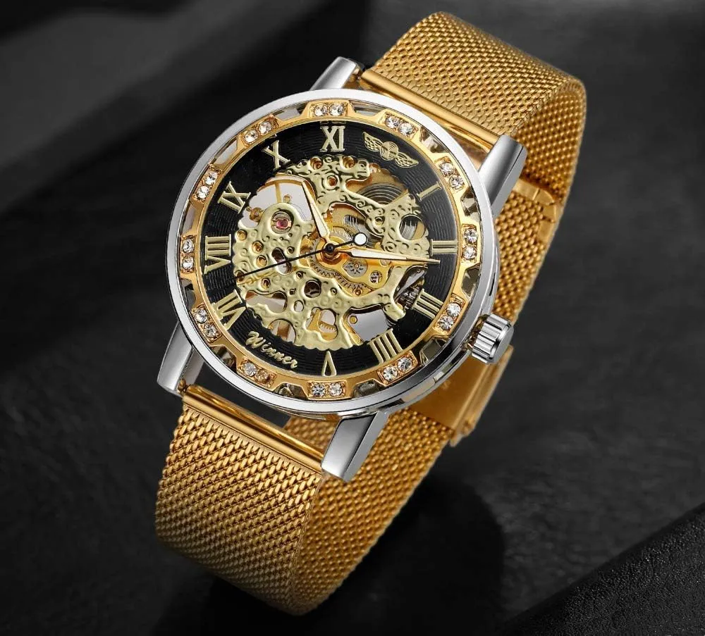 MASTOP Fashion Business Mechanical Mens Watches Luxury Skeleton Dial Crystal Steel Mesh Band Wristwatch