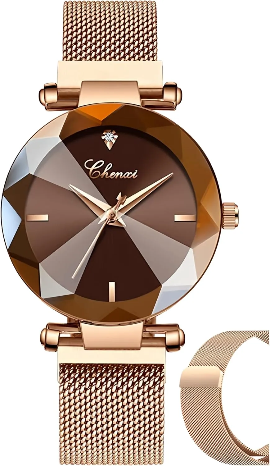MASTOP Fashion Women Watch Crystal Face Magnetic Strap Rose Gold Stainless Steel Mesh Band Bracelet Wrist Watch
