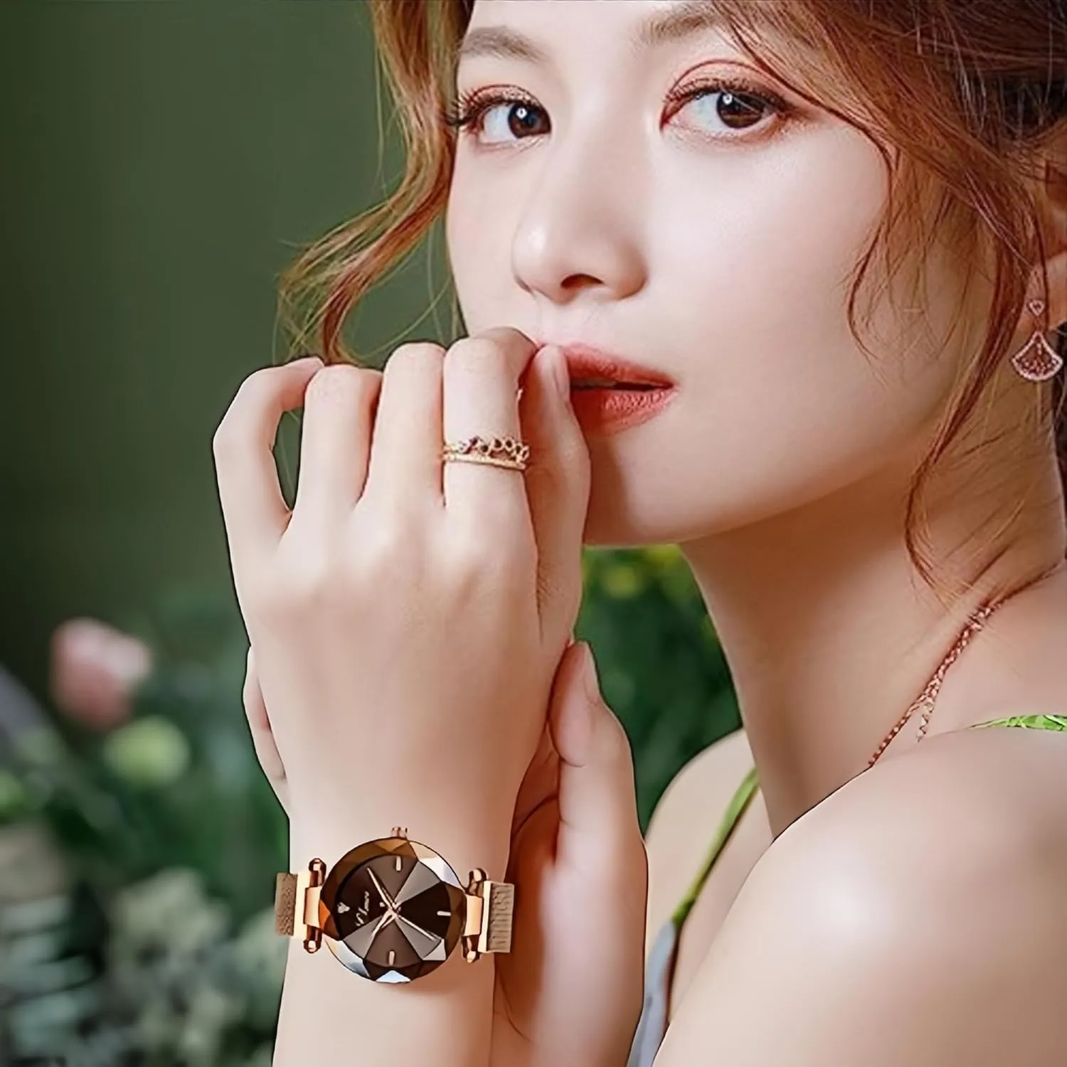 MASTOP Fashion Women Watch Crystal Face Magnetic Strap Rose Gold Stainless Steel Mesh Band Bracelet Wrist Watch