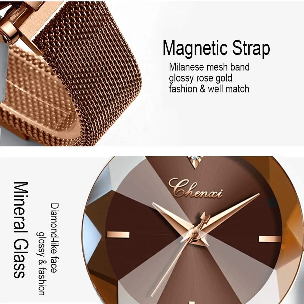 MASTOP Fashion Women Watch Crystal Face Magnetic Strap Rose Gold Stainless Steel Mesh Band Bracelet Wrist Watch