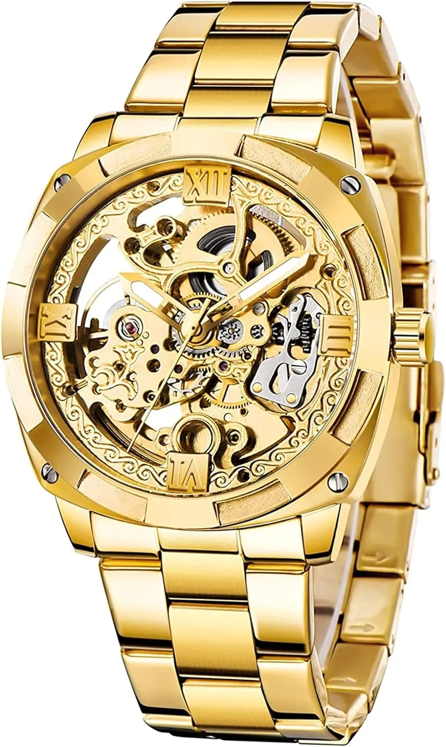 MASTOPMen Automatic Watch Square Skeleton Mesh Steel Band Mechanical Hollow Dial Business Top Brand Luxury Clock