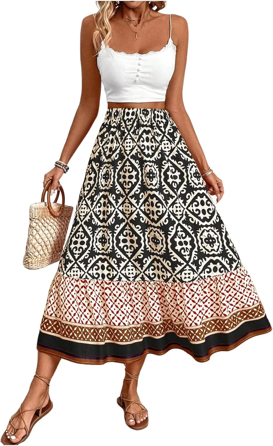 Maxi Skirts for Women Floral Print Ruffled Hem Long Skirt High Waisted Casual Women Outfit