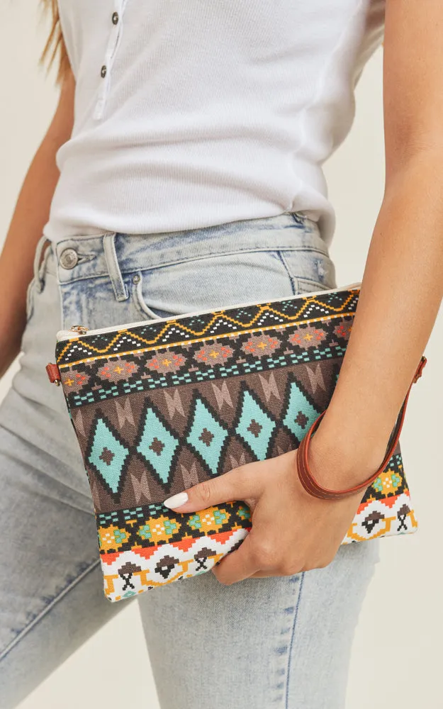 MB0143 Aztec Tribal Pattern Crossbody & Wristlet Bag