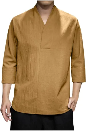 Men 3/4 Sleeve Cotton Linen Top Wrap V Neck Hipster Shirts Loose Fit Beach Hippie Tunic Yoga Tops Big and Tall