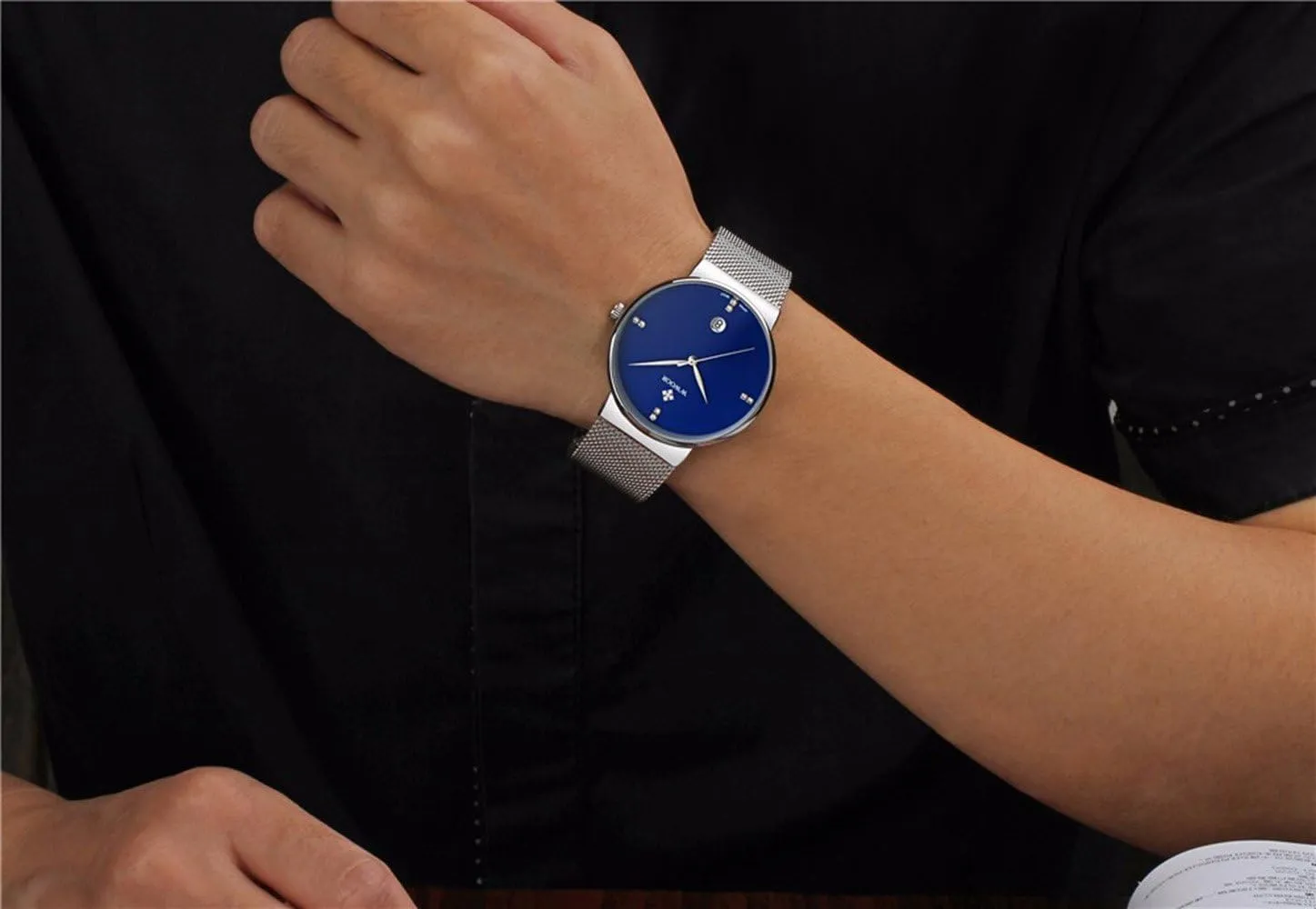 Men New Luxury Watch Ultra Thin Stainless Steel Mesh Band Quartz Date Wristwatch Fashion Casual Watches