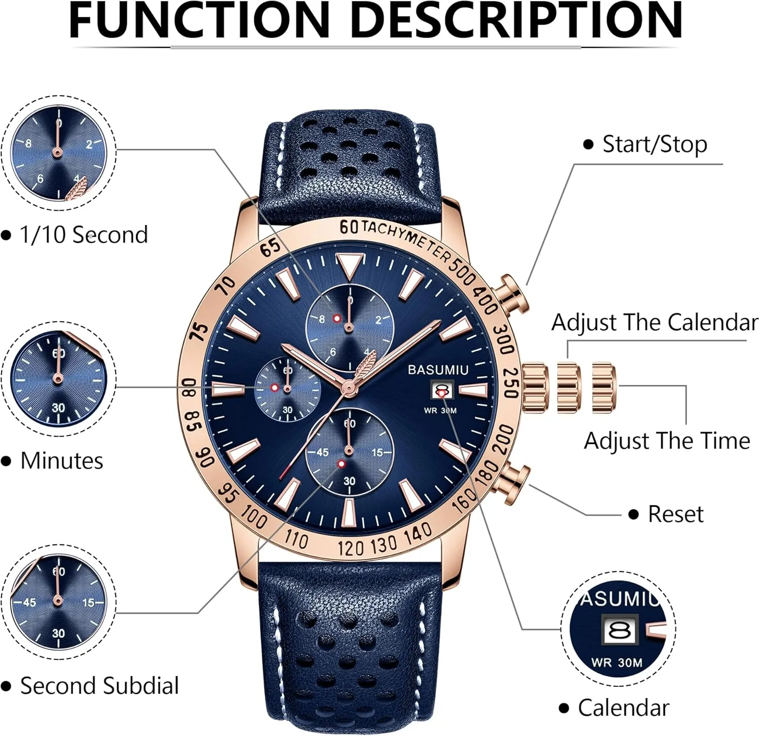 Mens Business Casual Watches Leather Band, Men's Watch with Chronograph Display, Men's Wrist Watches with Day Date Elegant Gift for Men