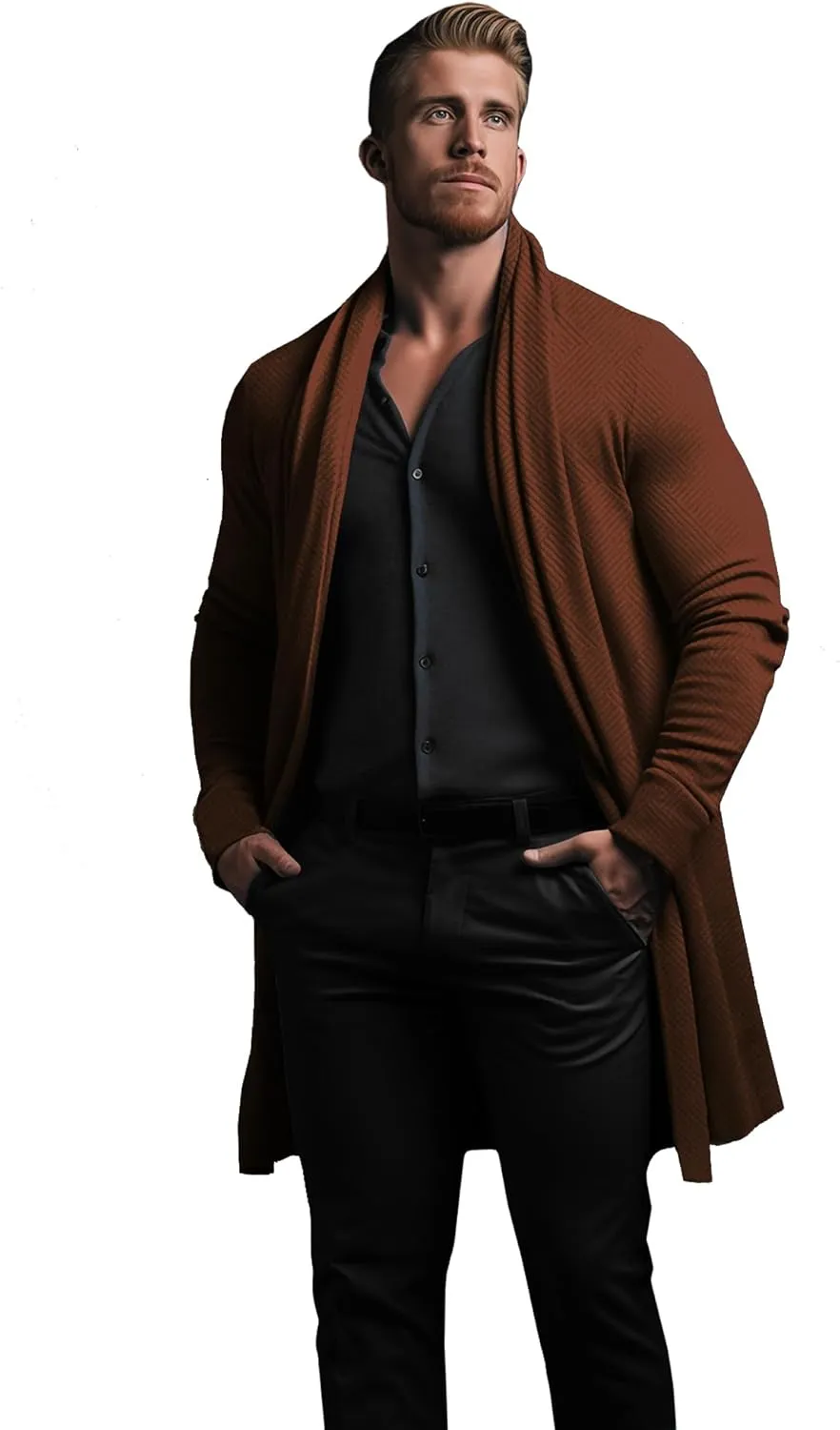 Mens Cardigan Texture Fashion Long Sleeve Shawl Casual Open Front Drape Cape Overcoat