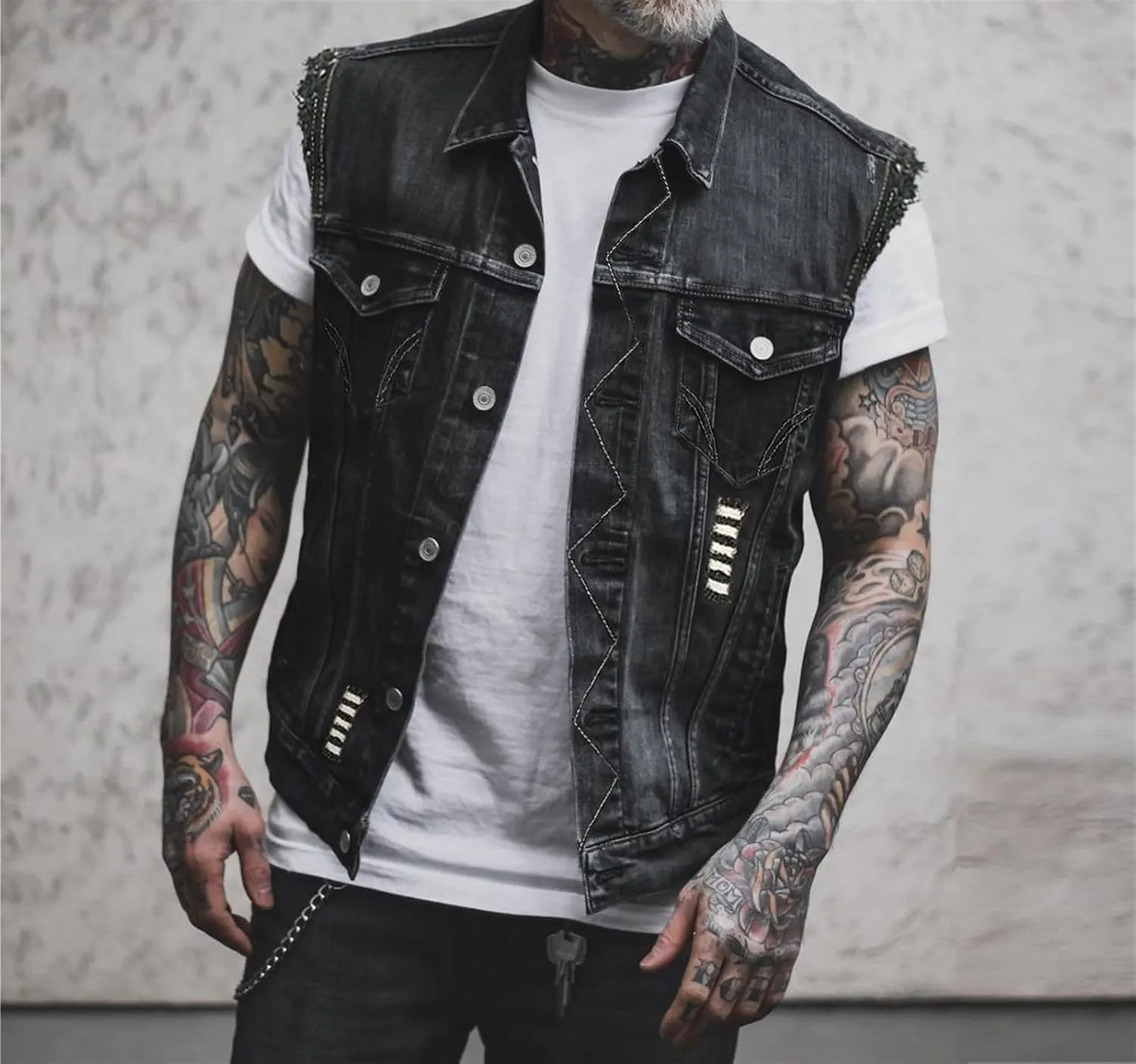 Men's Denim Vest - Casual Men's Loose Punk Jacket Sleeveless Rollover Denim Jacket Summer Denim Vest