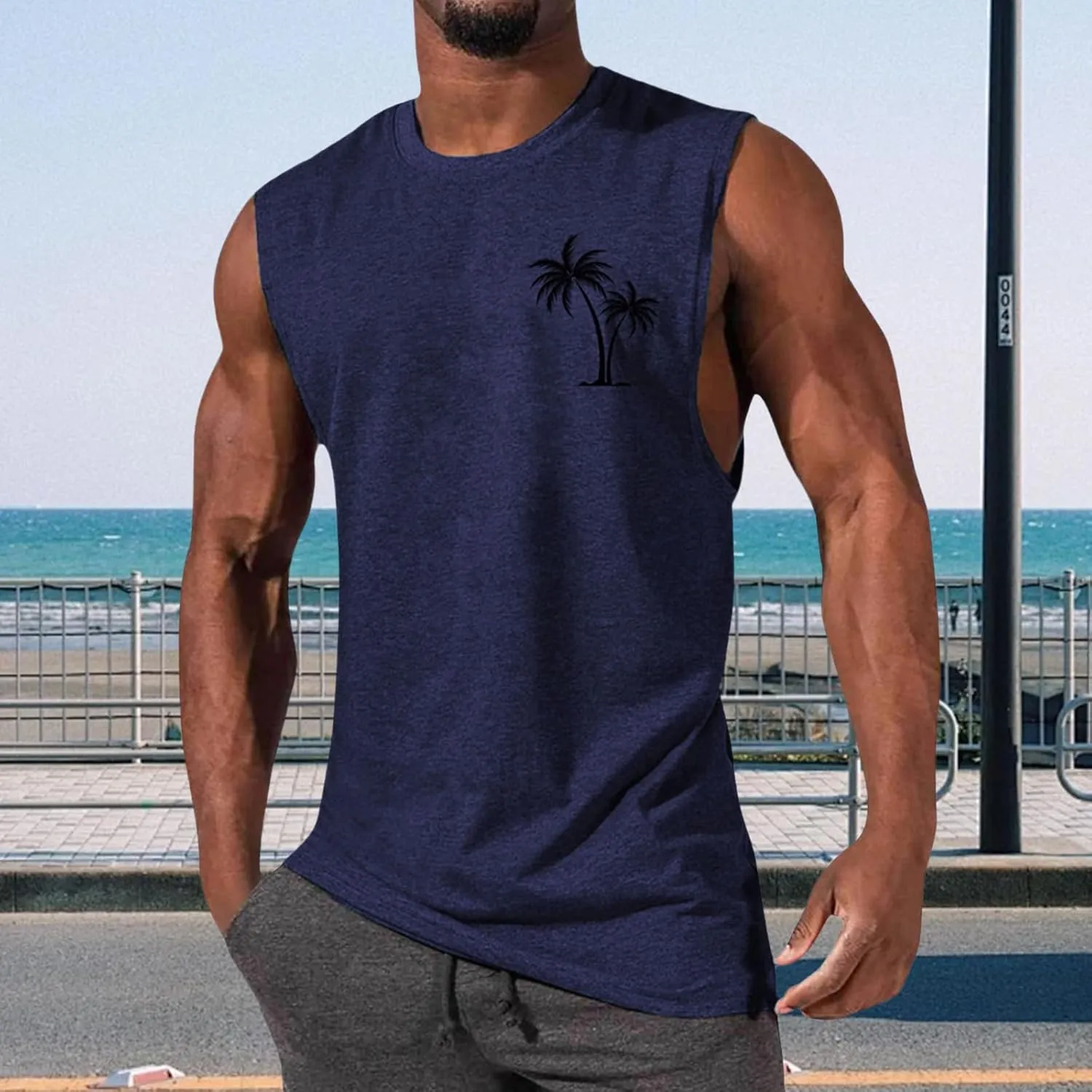 Mens Hawaiian Beach Tank Tops Summer Palm Tree Print Sleeveless Undershirts Loose Fit Muscle Fitness Vacation Tops