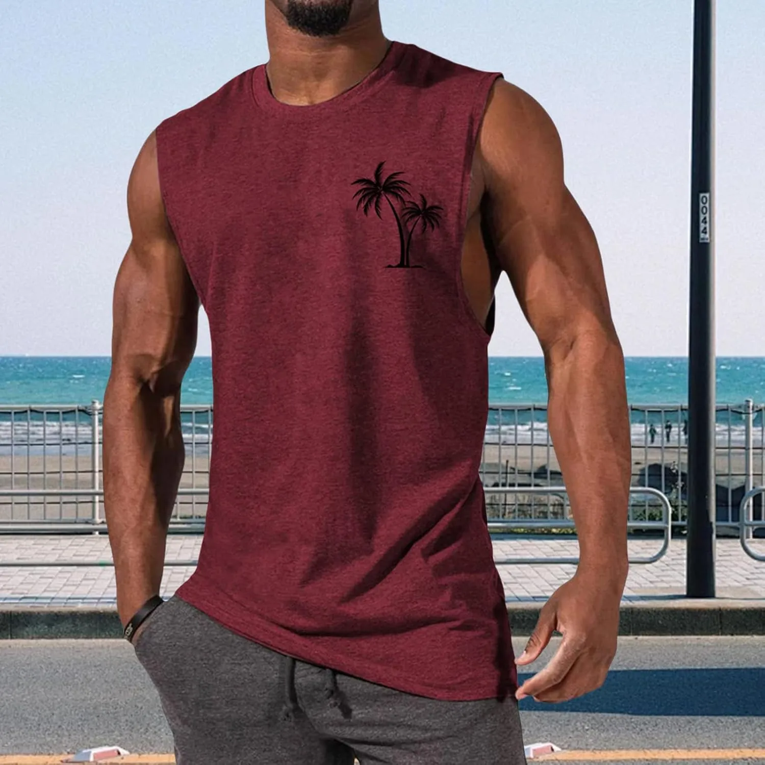 Mens Hawaiian Beach Tank Tops Summer Palm Tree Print Sleeveless Undershirts Loose Fit Muscle Fitness Vacation Tops