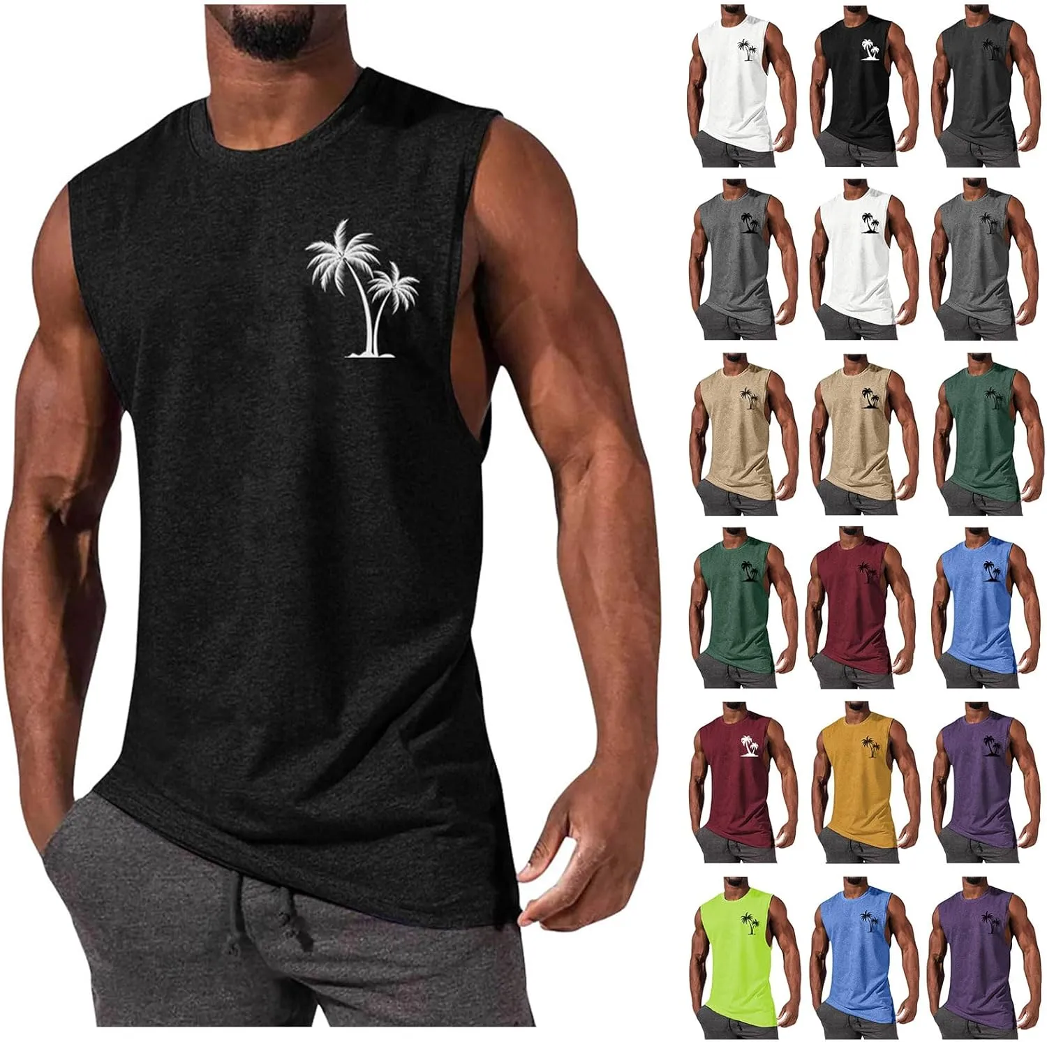 Mens Hawaiian Beach Tank Tops Summer Palm Tree Print Sleeveless Undershirts Loose Fit Muscle Fitness Vacation Tops