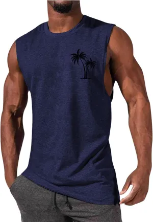 Mens Hawaiian Beach Tank Tops Summer Palm Tree Print Sleeveless Undershirts Loose Fit Muscle Fitness Vacation Tops