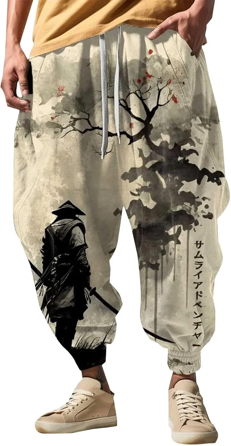 Mens Linen Cargo Jogger Pant Street Feel Casual Sweatpants Casual Wide Leg Jogger Pants Baggy Pants for Men Baggy