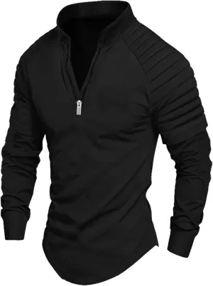 Men's Outdoor Shirts Stand Collar Long Sleeve Zip Shirts Muscle Fit Quick-Dry Stretch Tops Casual Sports Gym T-Shirt