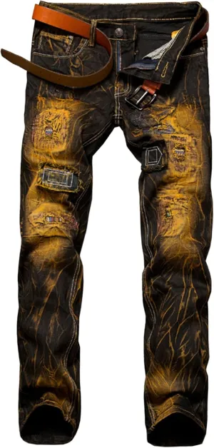 Men's Patched Slim Fit Biker Moto Jeans Fashion Straight Leg Streetwear Denim Pants Casual Washed Skinny Jeans