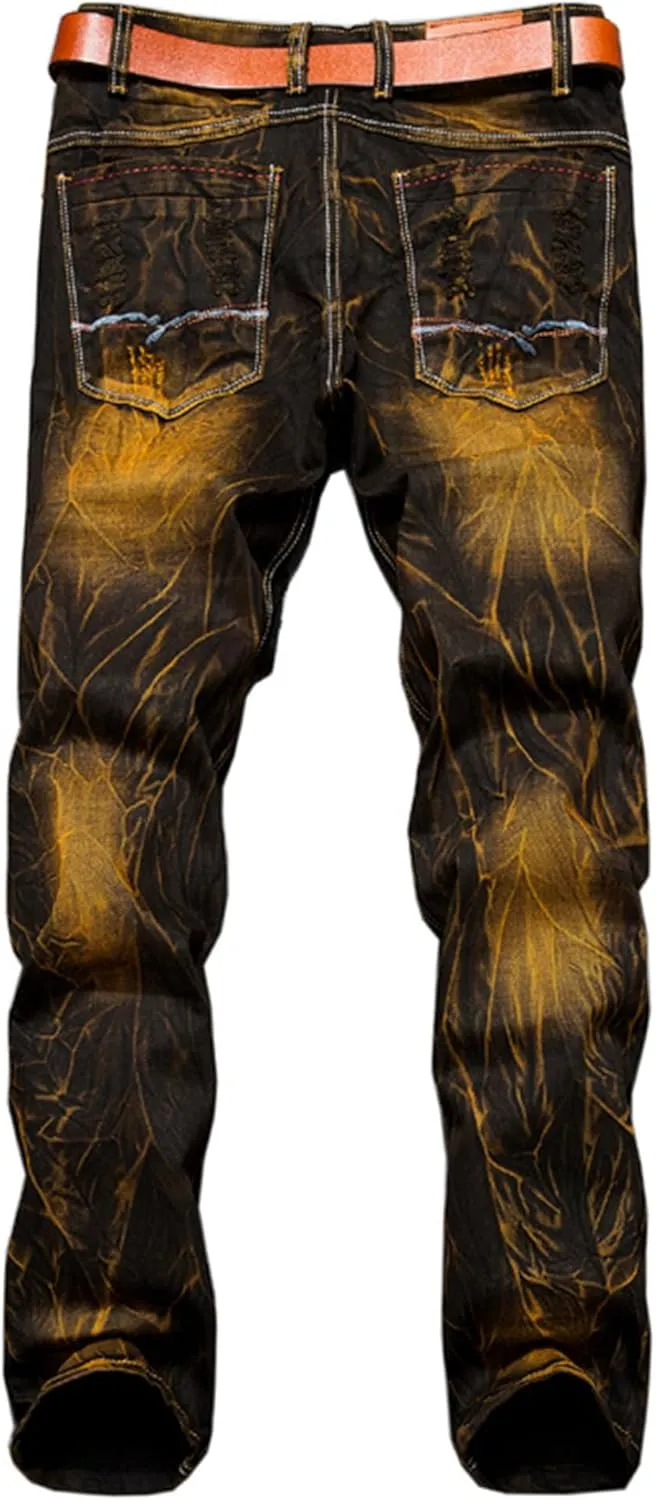 Men's Patched Slim Fit Biker Moto Jeans Fashion Straight Leg Streetwear Denim Pants Casual Washed Skinny Jeans