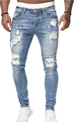 Men's Ripped Jeans  Fashionable Slim Fit Stretch Denim with Patches,Ripped Distressed Destroyed Straight Slim Fit Jeans