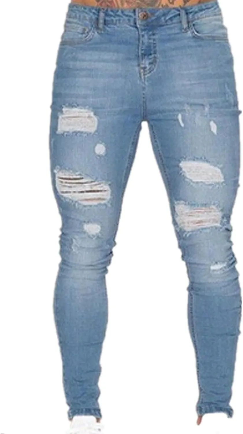 Men's Ripped Jeans  Fashionable Slim Fit Stretch Denim with Patches,Ripped Distressed Destroyed Straight Slim Fit Jeans