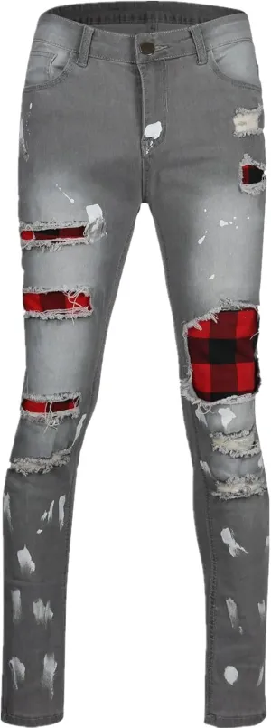 Men's Ripped Jeans  Fashionable Slim Fit Stretch Denim with Patches,Ripped Distressed Destroyed Straight Slim Fit Jeans