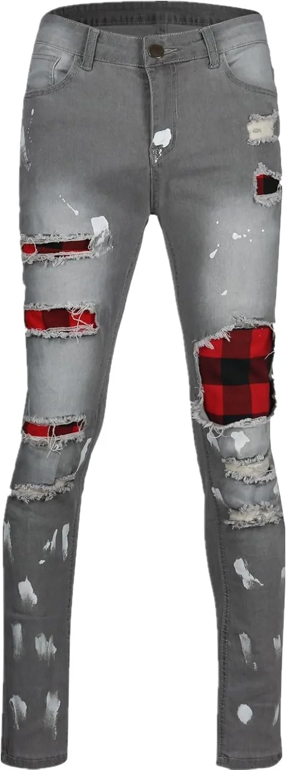 Men's Ripped Jeans  Fashionable Slim Fit Stretch Denim with Patches,Ripped Distressed Destroyed Straight Slim Fit Jeans