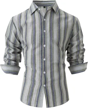 Men's Vertical Striped Dress Shirts Long Sleeve Cotton Linen Button Down Shirt Fashion Lapel Blouse with Pocket