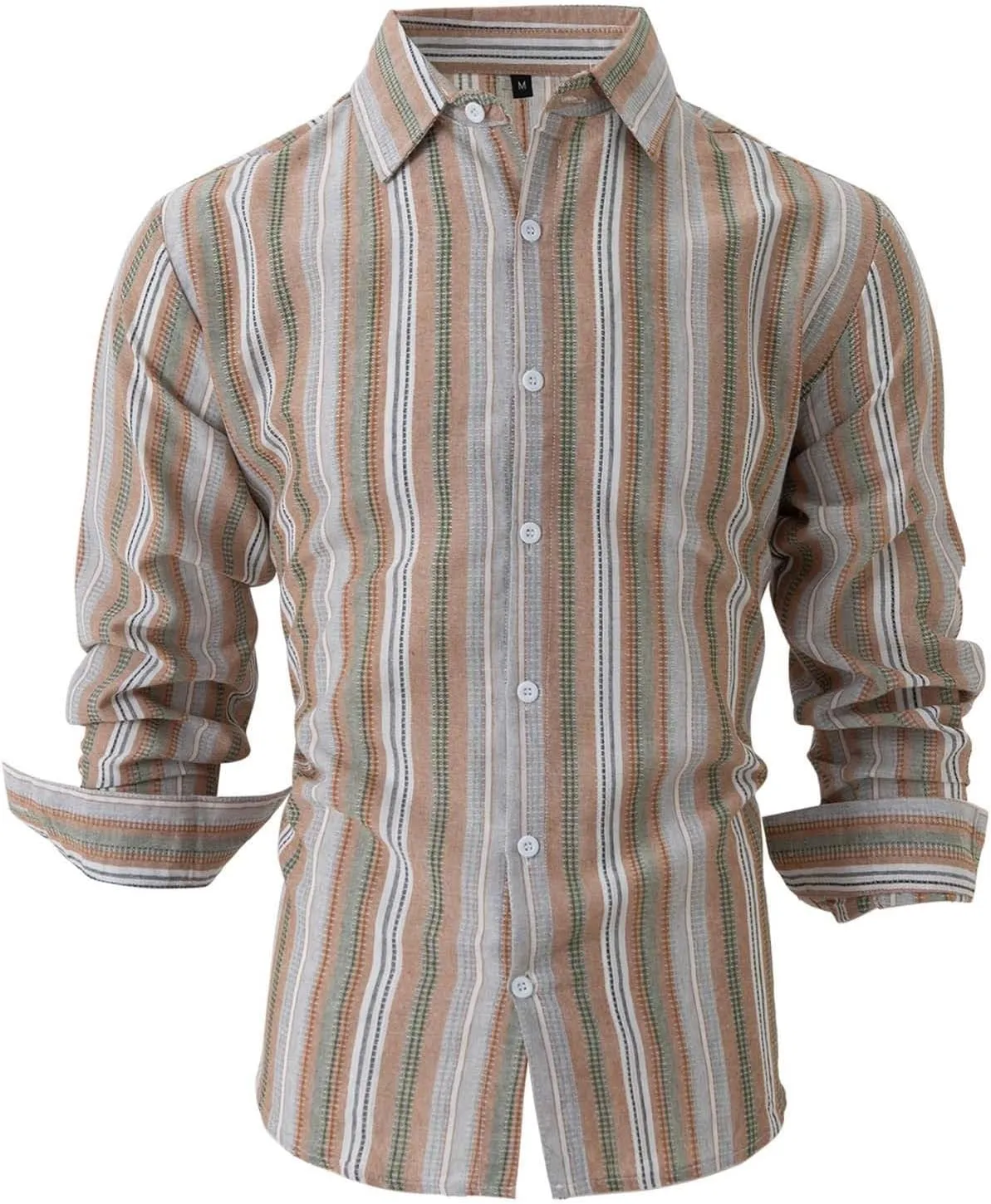 Men's Vertical Striped Dress Shirts Long Sleeve Cotton Linen Button Down Shirt Fashion Lapel Blouse with Pocket