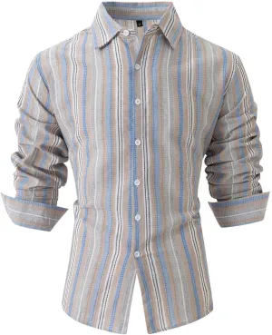 Men's Vertical Striped Dress Shirts Long Sleeve Cotton Linen Button Down Shirt Fashion Lapel Blouse with Pocket