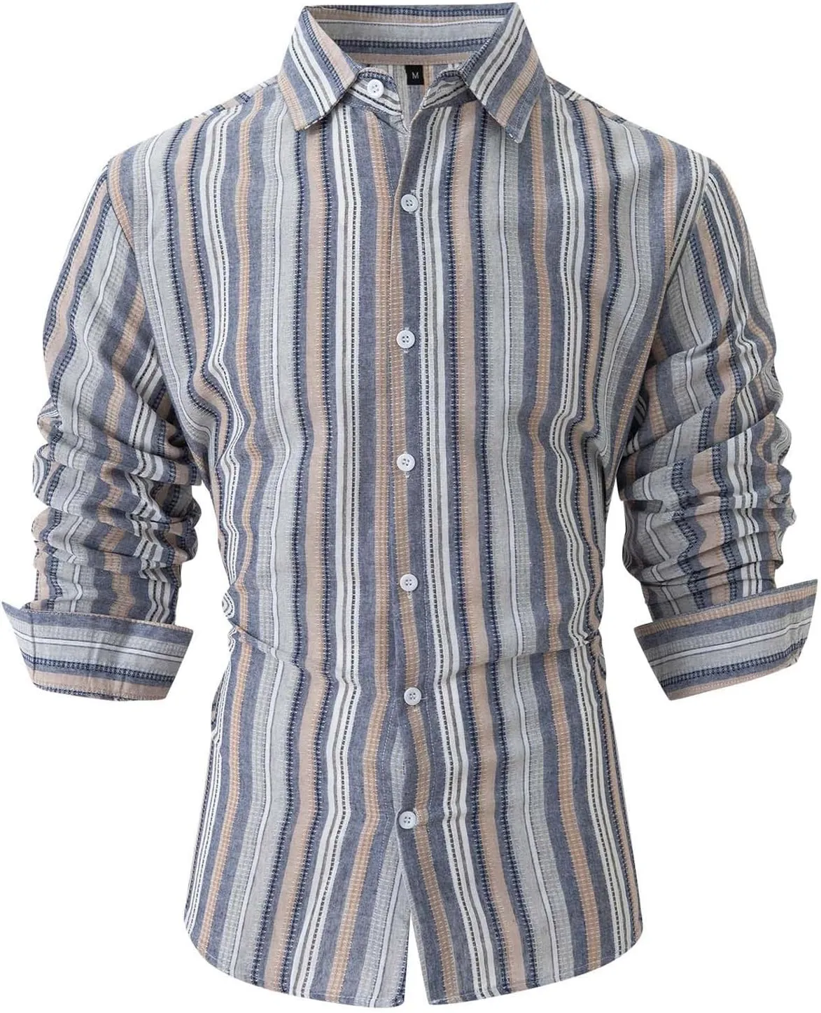 Men's Vertical Striped Dress Shirts Long Sleeve Cotton Linen Button Down Shirt Fashion Lapel Blouse with Pocket