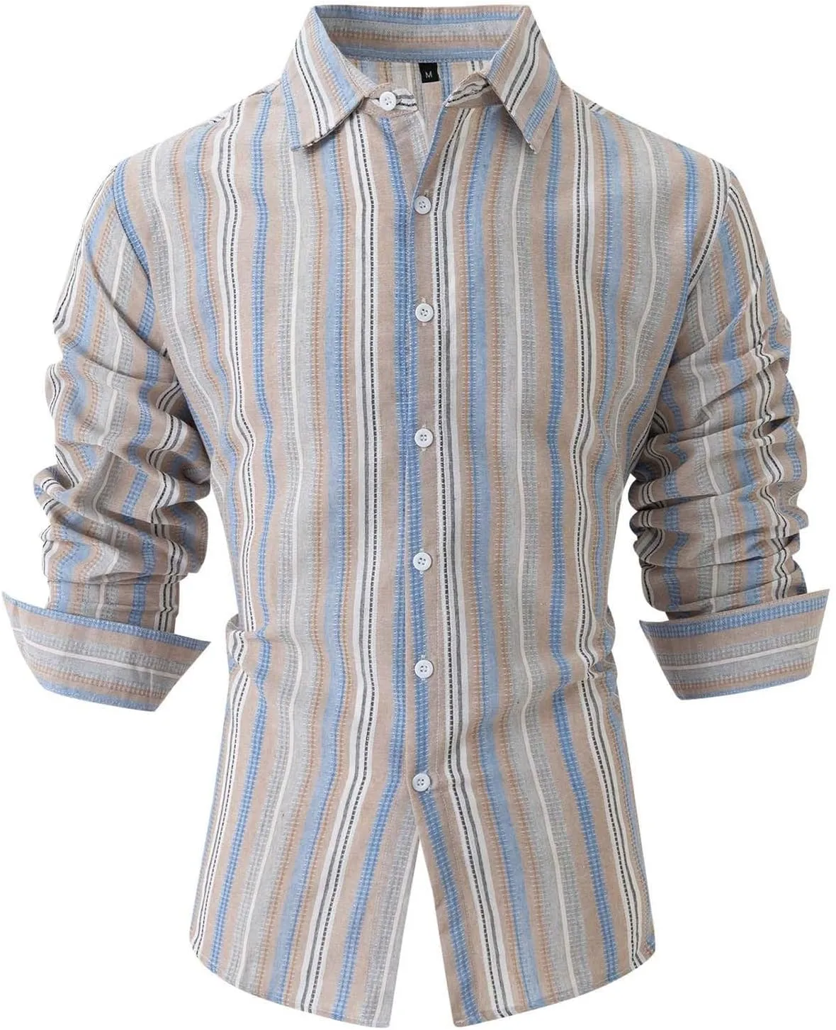 Men's Vertical Striped Dress Shirts Long Sleeve Cotton Linen Button Down Shirt Fashion Lapel Blouse with Pocket