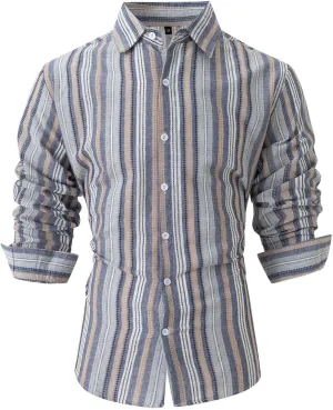 Men's Vertical Striped Dress Shirts Long Sleeve Cotton Linen Button Down Shirt Fashion Lapel Blouse with Pocket