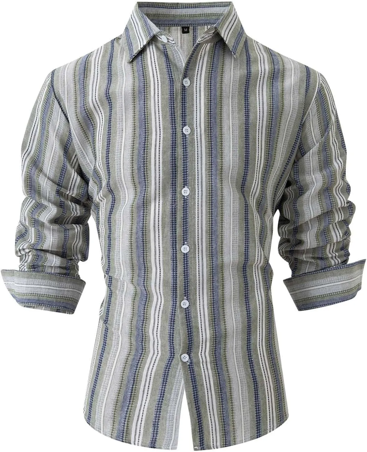 Men's Vertical Striped Dress Shirts Long Sleeve Cotton Linen Button Down Shirt Fashion Lapel Blouse with Pocket