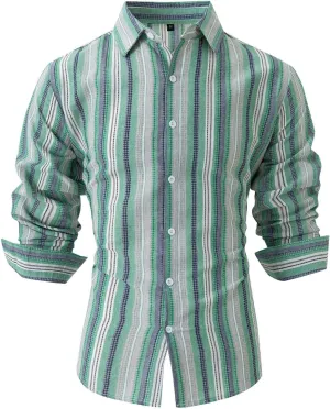 Men's Vertical Striped Dress Shirts Long Sleeve Cotton Linen Button Down Shirt Fashion Lapel Blouse with Pocket
