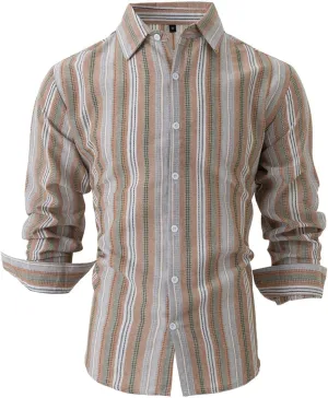 Men's Vertical Striped Dress Shirts Long Sleeve Cotton Linen Button Down Shirt Fashion Lapel Blouse with Pocket