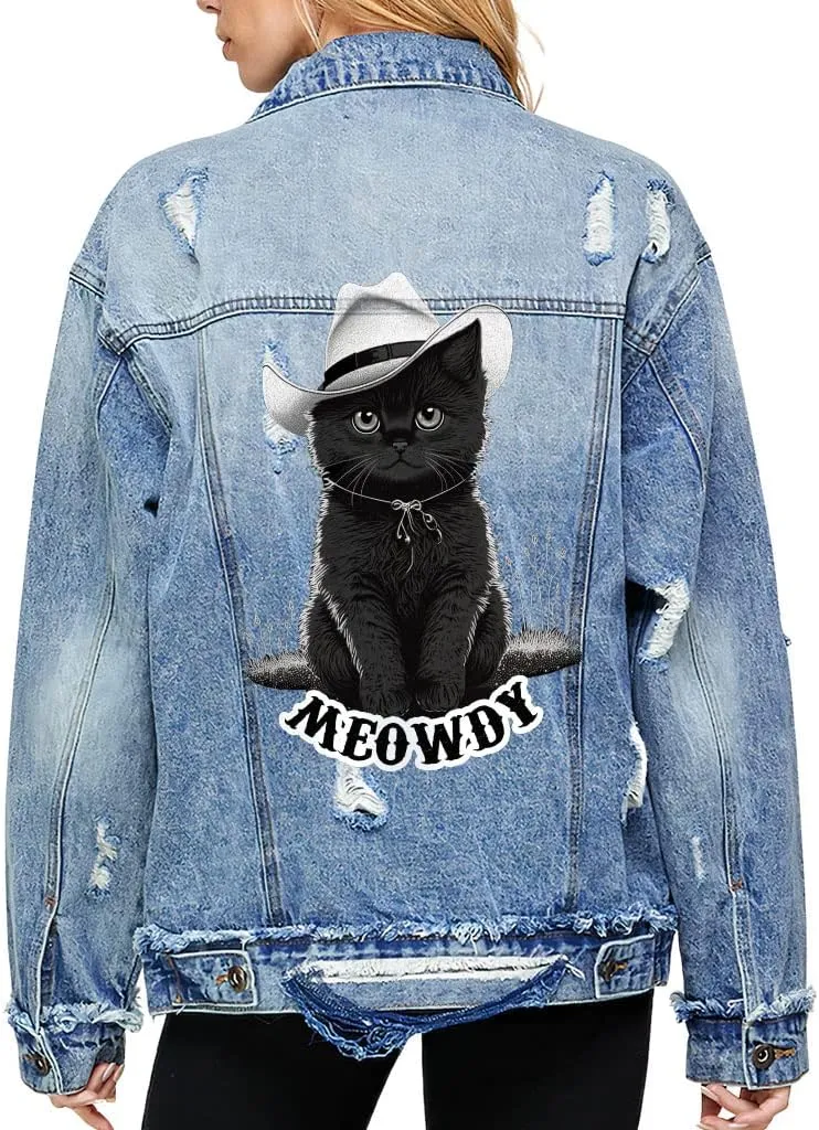 Meowdy Women's Oversized Denim Jacket - Cute Ladies Denim Jacket - Funny Denim Jacket