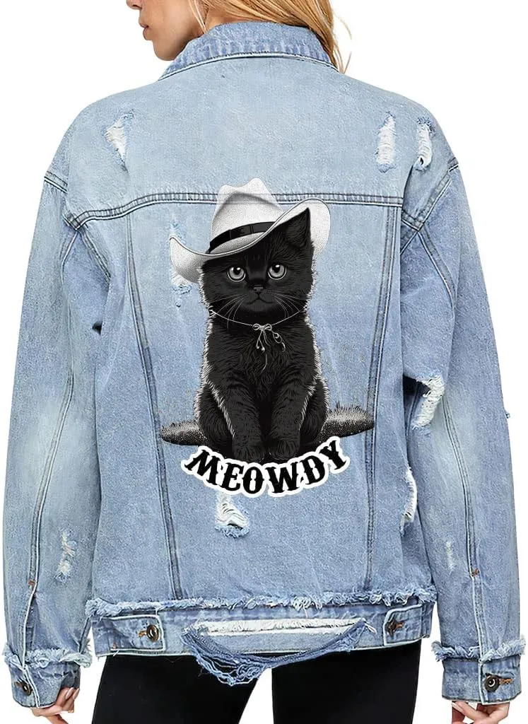 Meowdy Women's Oversized Denim Jacket - Cute Ladies Denim Jacket - Funny Denim Jacket