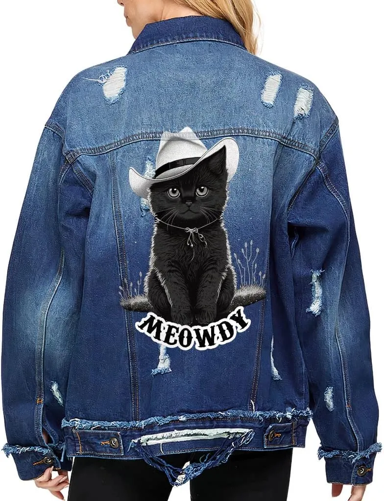 Meowdy Women's Oversized Denim Jacket - Cute Ladies Denim Jacket - Funny Denim Jacket