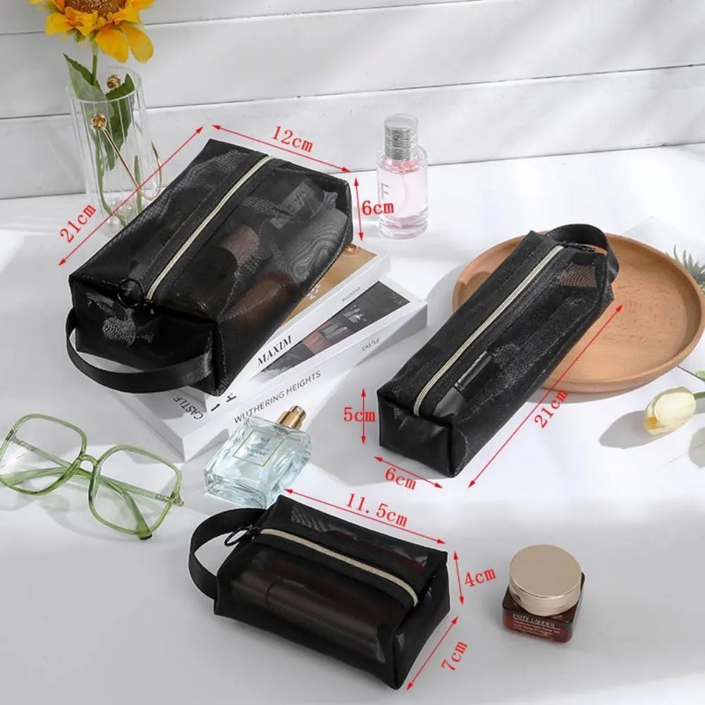 Mesh Cosmetic Bag with Handle & Zipper, 3 Sizes Versatile Makeup Toiletry Bag Pouch for Home Travel Office (Black)