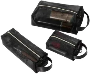 Mesh Cosmetic Bag with Handle & Zipper, 3 Sizes Versatile Makeup Toiletry Bag Pouch for Home Travel Office (Black)