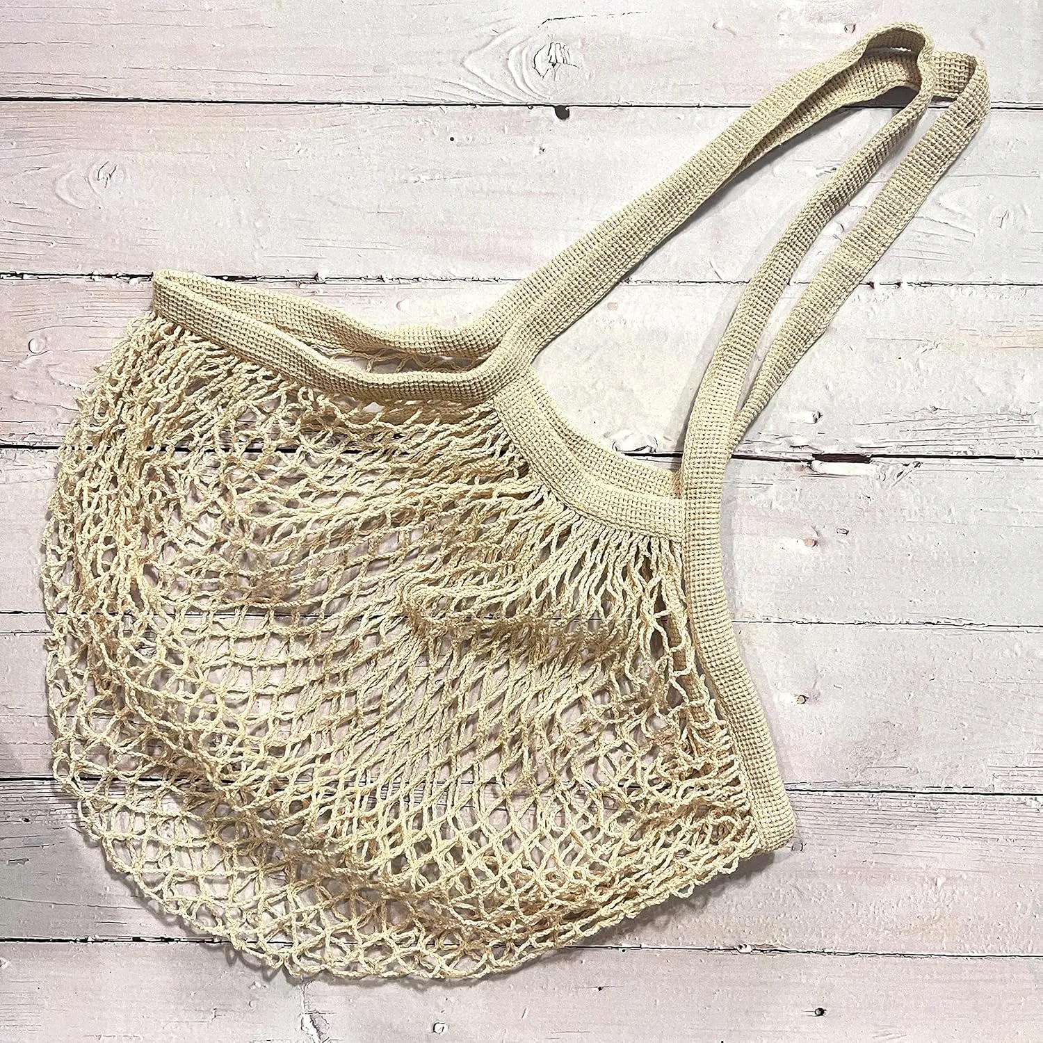Mesh Net Bag with Long Shoulder Handle Bag Stretchable Reusable for Grocery Shopping Beach Toys Storage (Natural Beige)